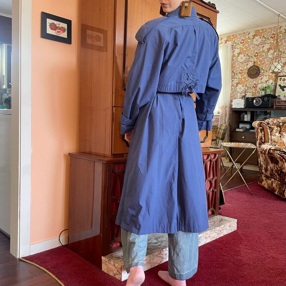 1980s classic double breasted belted periwinkle long trench coat! - Picture 3 of 16